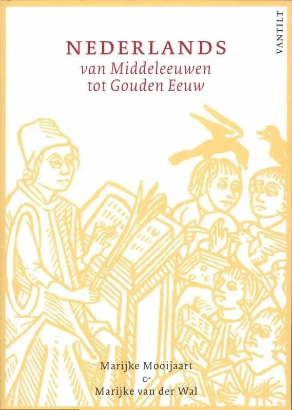 Gele line-block illustratie boekomslag met middeleeuwse figuren en vogels voor nederlands van middeleeuwen tot gouden eeuw