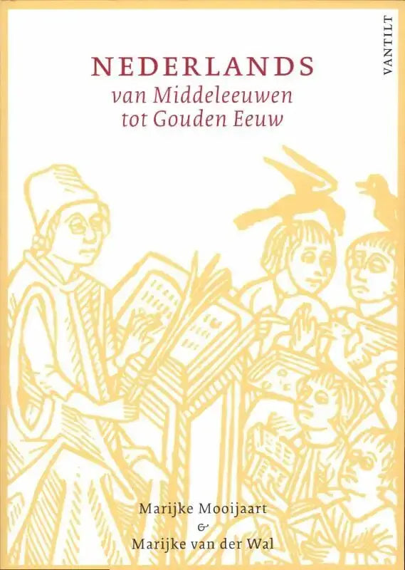 Boekomslag in gele lijnillustratie met middeleeuwse figuren en vogels voor nederlands van middeleeuwen tot gouden eeuw