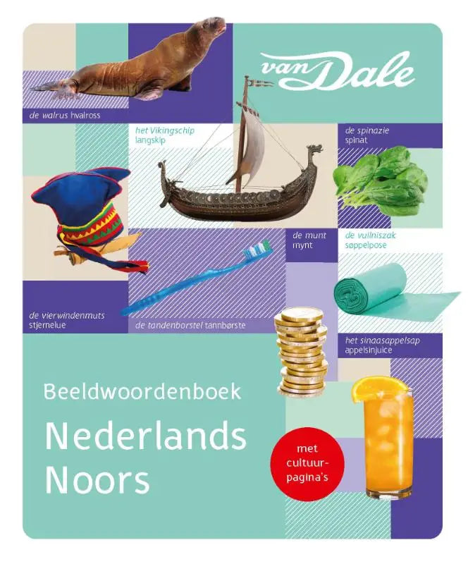 De kleurrijke cover van het beeldwoordenboek nederlands noors van van dale met illustraties zoals een walrus en vikingschip