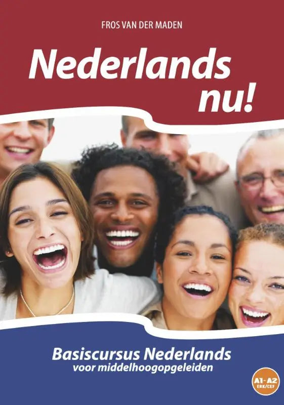 Cover van het nederlands nu! beginnersboek door fros van der maden met diverse lachende personen, vandorp uitgevers, taal bve-sector