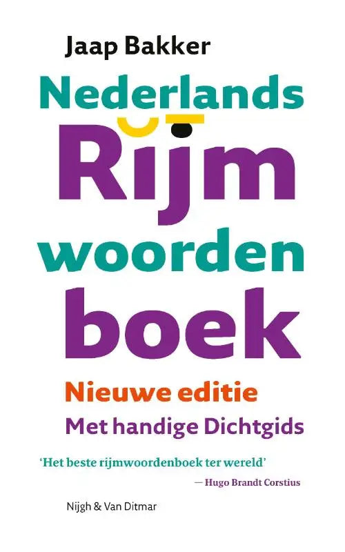 Paars en teal nederlands rijmwoordenboek met geel smiley accent op de cover voor taalkundig gebruik