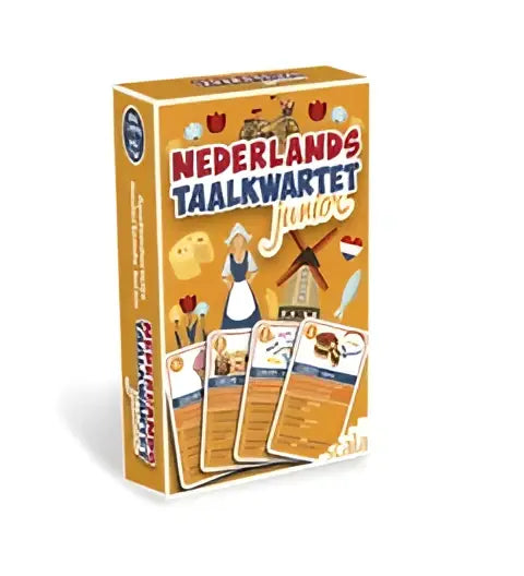 Nederlands taalkwartet junior kaartspeldoos met kleurrijke illustraties en oranje verpakkingsontwerp