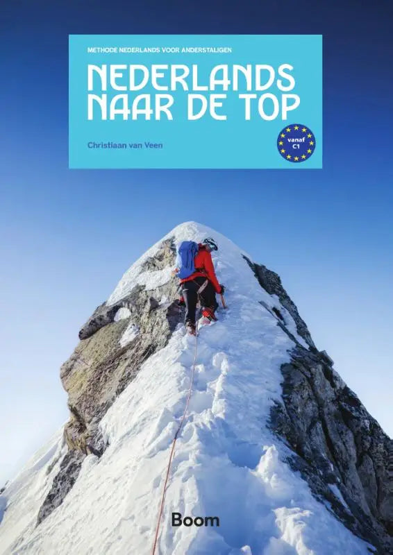 Cover van het blauw-witte methode nederlands boek nederlands naar de top met klimmer in rood op besneeuwde berg