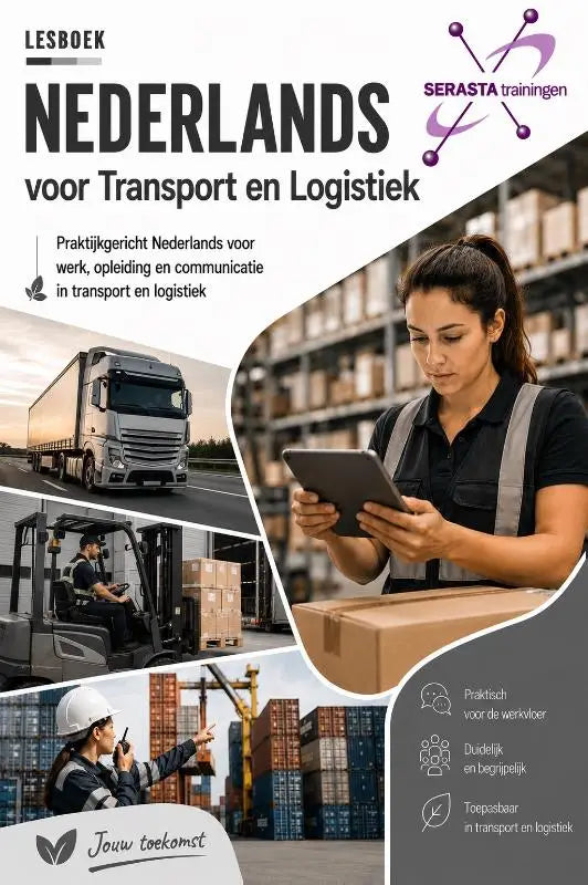 Cover van een Nederlands taaltrainingsboek voor transport en logistiek met afbeeldingen van vrachtwagens en magazijnwerkers