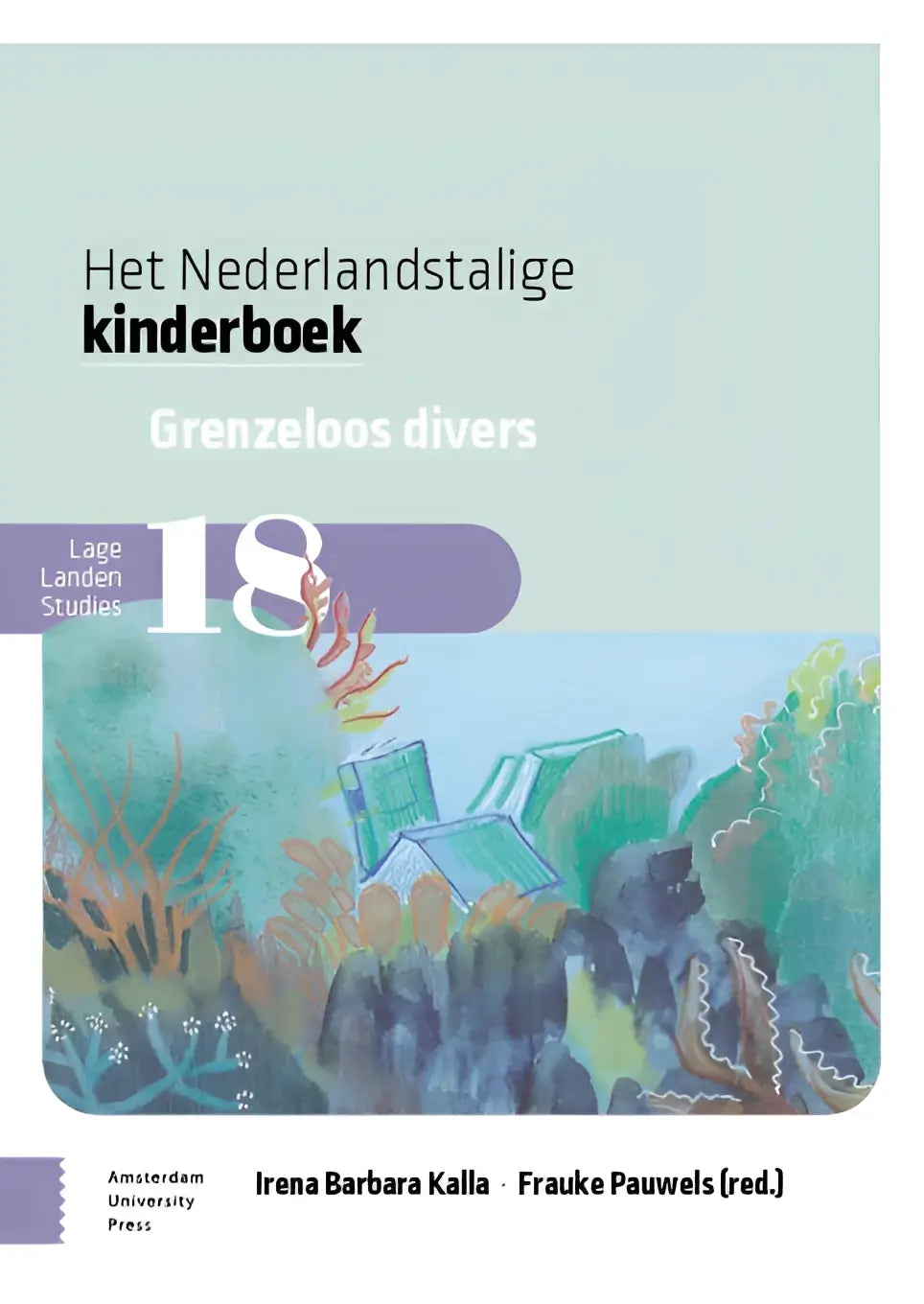 Het nederlandstalige kinderboek grenzeloos divers met aquarelillustratie van drijvende boeken en waterplanten