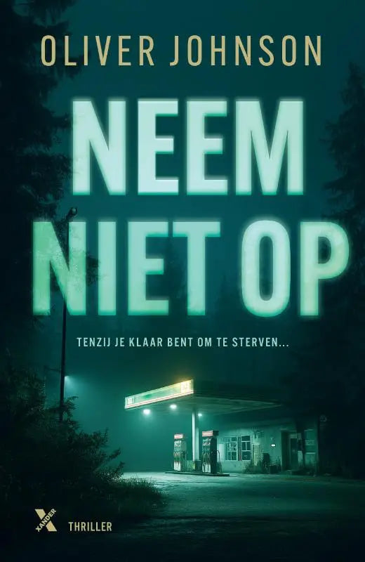 Het boek neem niet op heeft een donker nachtelijk ontwerp met gloeiende teal letters en een verlaten tankstation