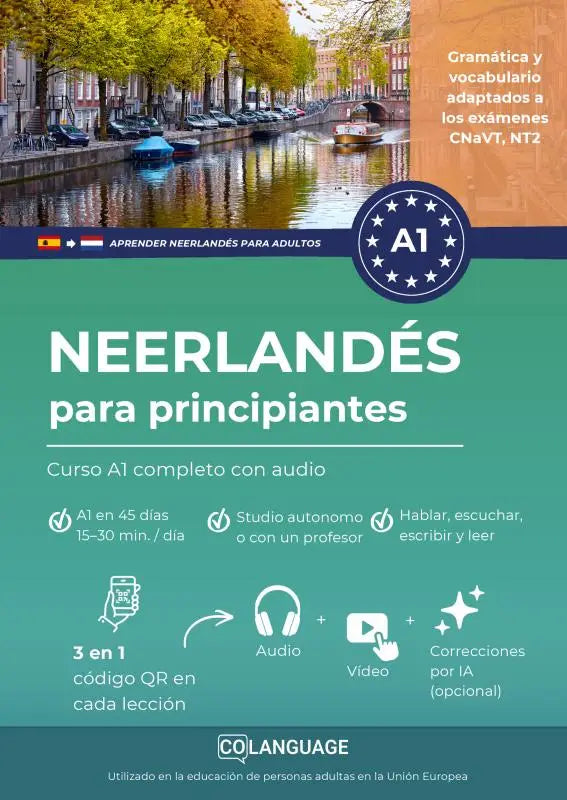 Afbeelding van een compleet a1 niveau nederlands taal cursus voor beginners met audio en video lessen in teal en oranje design