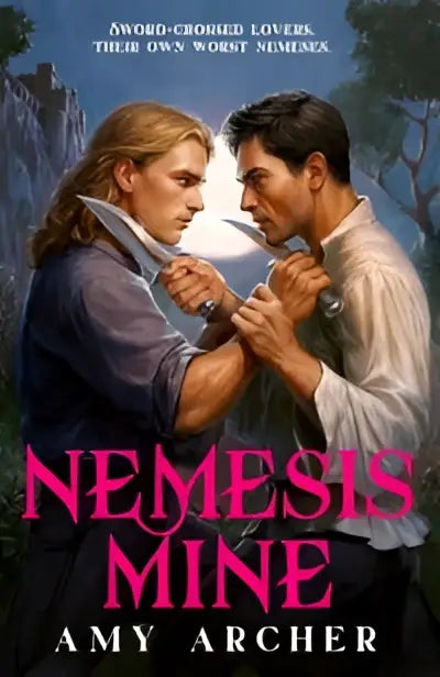 De boekcover van nemesis mine door amy archer toont twee mannen in historische kleding in een gespannen confrontatie