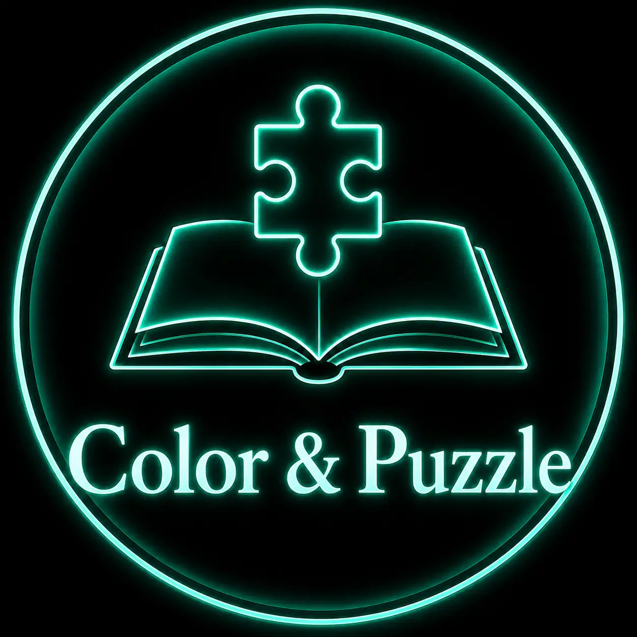 Neonblauwgroen rond logo met een open boek, met daarboven een puzzelstukje en daaronder de tekst “color & puzzle”.