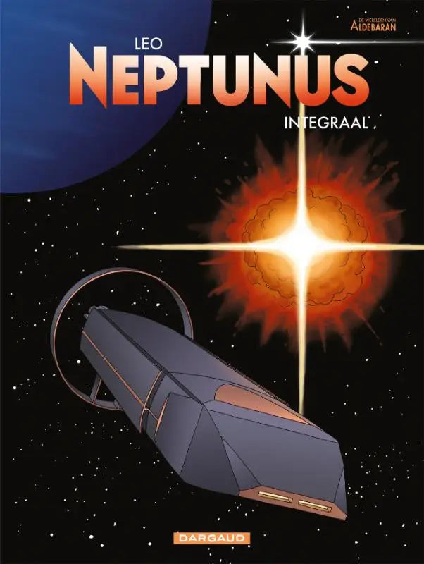 Donkere grijze, hoekige neptunus integraal ruimteschip met oranje accenten glijdt door ruimte naast heldere sterburst in strips algemeen van dargaud france