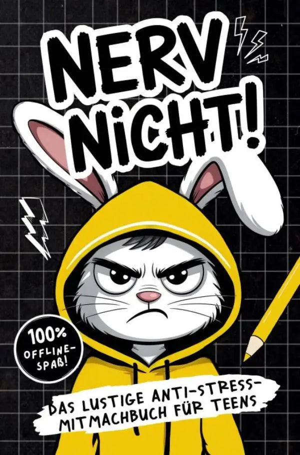 Gele hooded konijn karakter met boze uitdrukking op cover van nerv nicht teenager-edition das lustige anti-stressboek cooles geschenk