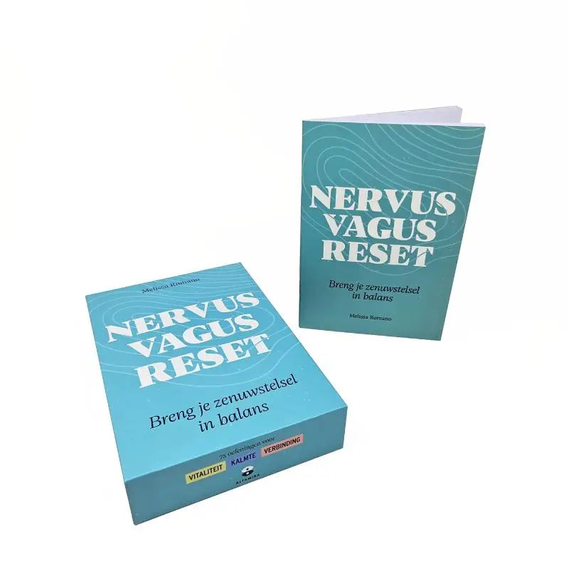 Tealkleurig boek met witte tekst en golvend lijnontwerp getiteld nervus vagus reset door melissa romano voor nervus vagus-reset