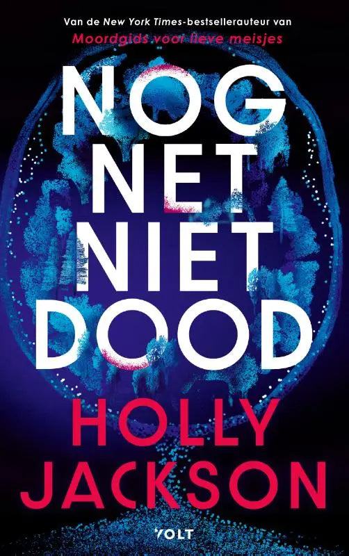 Het boek nog net niet dood heeft een donkerblauwe omslag met wit en rood tekst en gloeiende cirkelpatronen