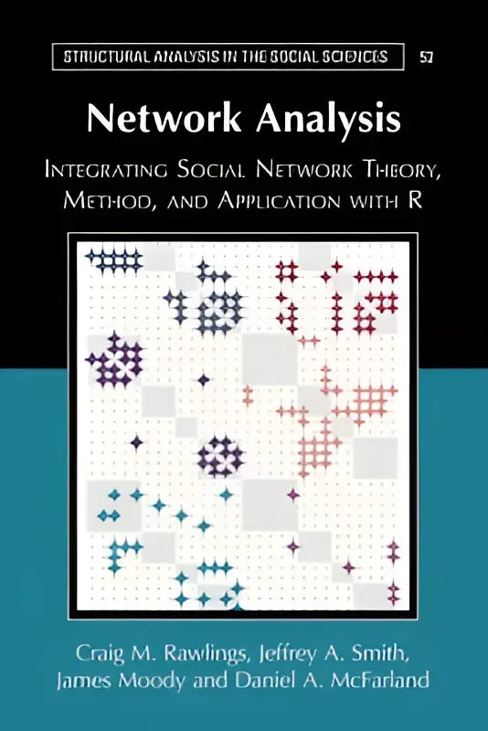 De boekcover van network analysis toont een zwart en teal ontwerp met een abstract sociaal netwerkdiagram in paarse, rode en blauwe tinten