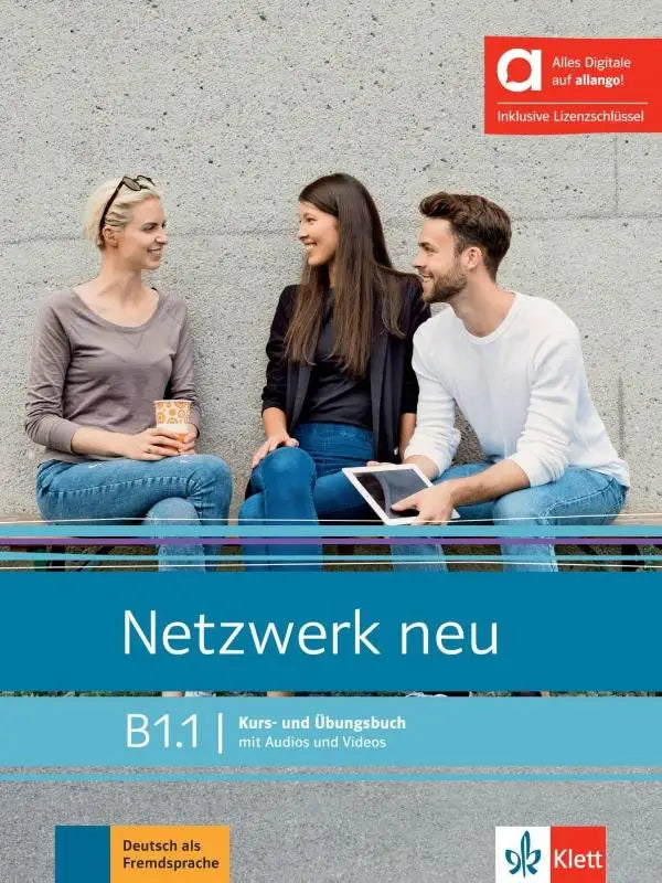 De cover van netwerk neu b1.1 hybride ausgabe allango cursusboek met drie personen zittend op een bank tegen betonwand