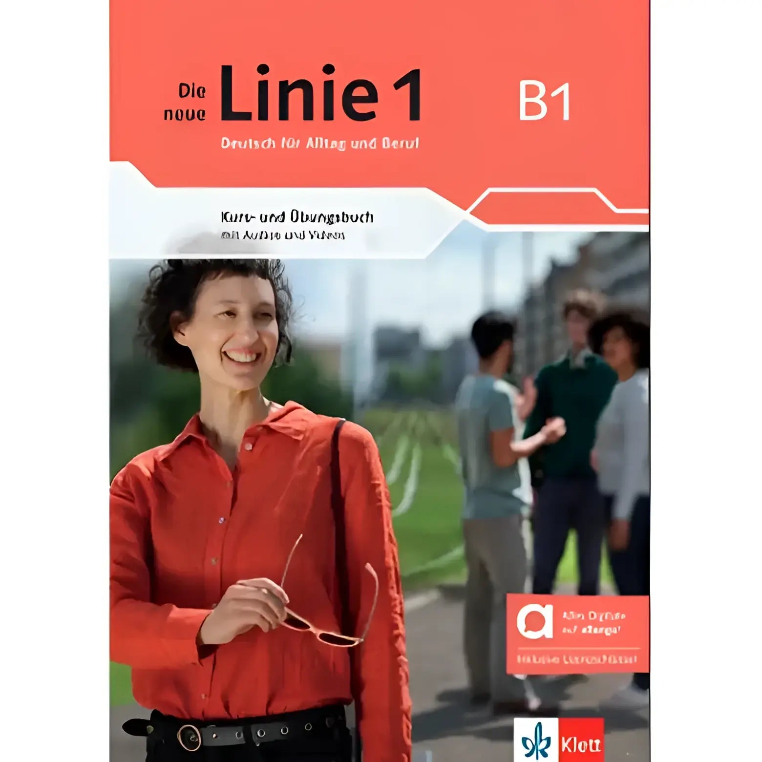 De nieuwe linie 1 b1 duits taalcursusboek omslag met een glimlachende vrouw in oranje blouse met bril in hand
