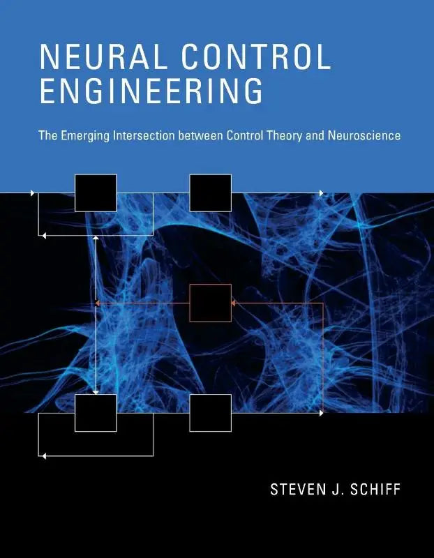 Blauwzwarte boekomslag van neural control engineering met een diagram van neurale netwerken toont the emerging intersection tussen besturingstheorie en neurowetenschap