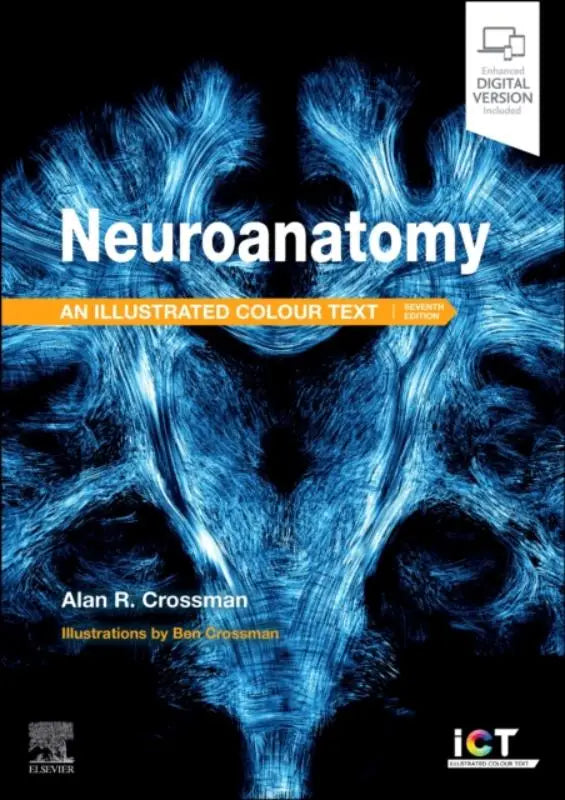 Neuroanatomy illustrated colour text met een blauw symmetrisch gloeiend breinontwerp op de voorkant