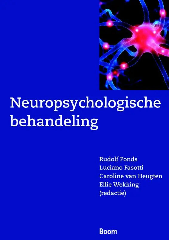 Blauwe boekcover van neuropsychologische behandeling met witte tekst en een gloeiend neuronennetwerk door luciano fasco en rudolf ponds