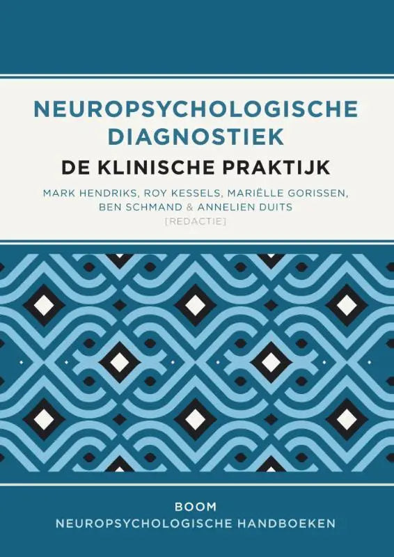 Boek neuropsychologische diagnostiek met blauw-zwarte geometrische omslag en witte tekst uitgegeven door koninklijke boom