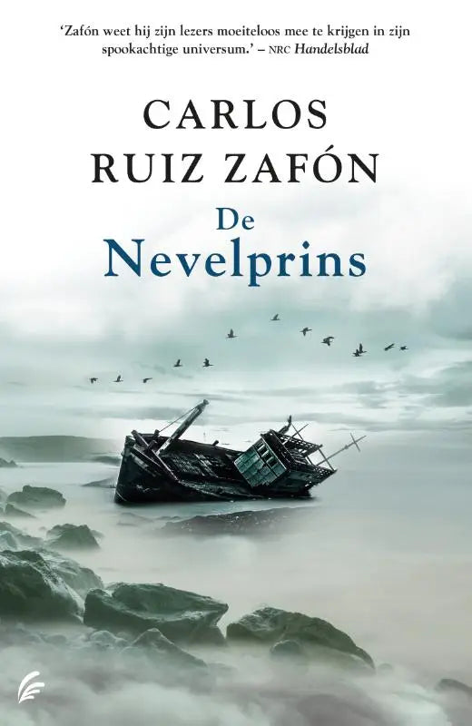 De nevelprins boekcover toont een donker, verweerd scheepswrak op rotsachtige kust onder bewolkte lucht