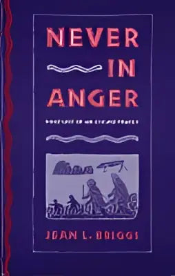 De boekomslag van never in anger door jean l toont een portret van een eskimofamilie in een diepblauwe achtergrond