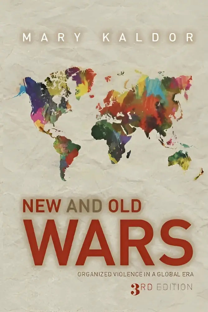 Boekomslag van new and old wars met kleurige abstracte wereldkaart op gestructureerd offwhite papier en rode letters