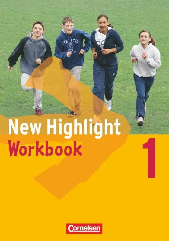 De cover van de new highlight 1 workbook met einführungskurs toont vier kinderen rennend op een grasveld tegen een gele achtergrond