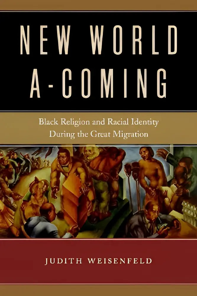 De boekcover van new world a-coming toont de titel in witte letters op zwart met illustraties over raciale identiteit en religie