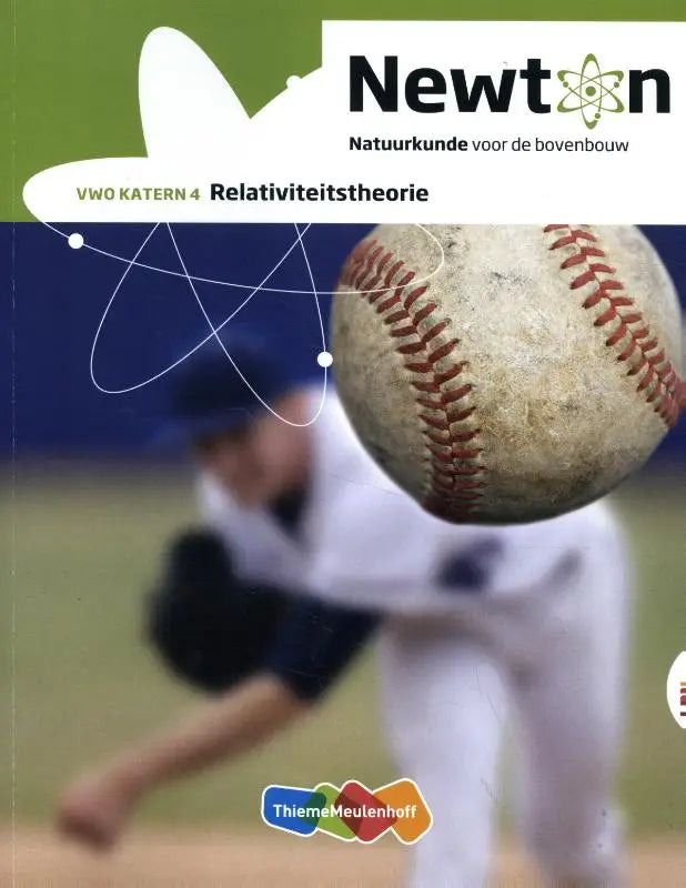Worn baseball met rode stiksels en verweerd leer als illustratie bij Newton LRN-line keuzekatern vwo relativity theory