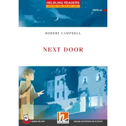 Blauwe en witte illustratie boekcover Next Door van Robert Campbell, Helbling Readers