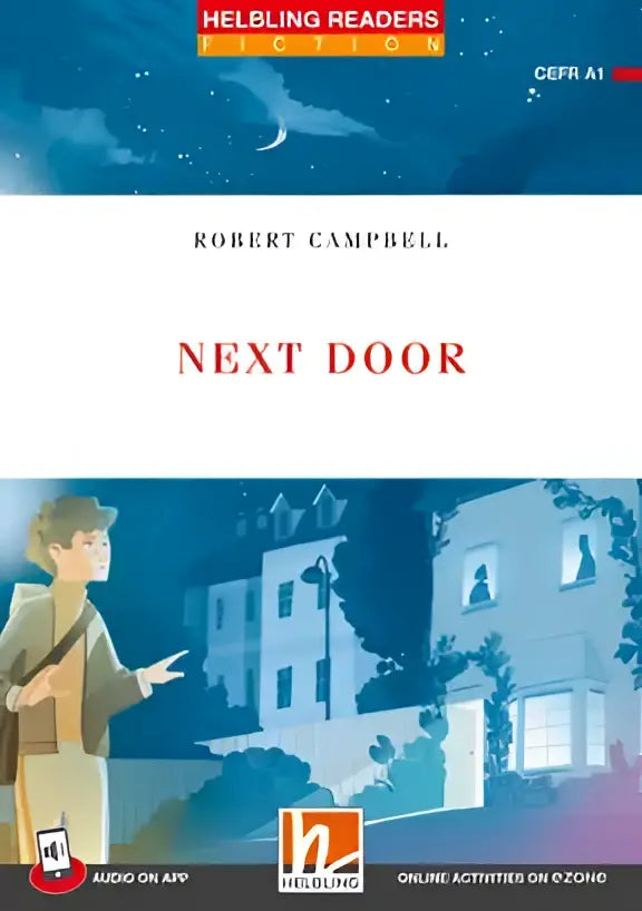 Blauwe en witte illustratie boekcover Next Door van Robert Campbell, Helbling Readers