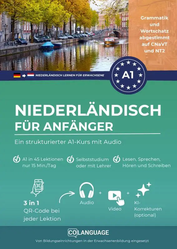 Teal en oranje cover van een a1-niveau dutse taalcursus boek niederländisch für anfänger met audio video en zelfstudie opties voor leren oder mit lehrer