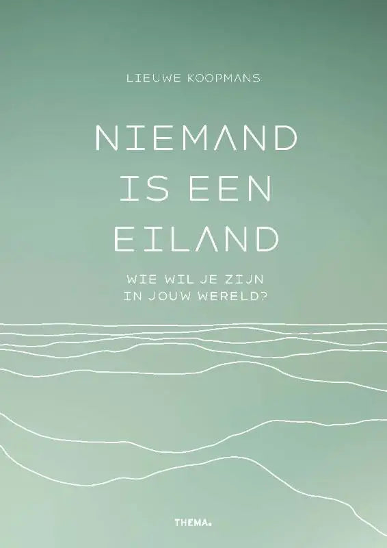 Minimalistische boekcover mintgroen met witte tekst en golvende lijnillustraties voor niemand is een eiland van lieuwe koopmans uitgeverij thema