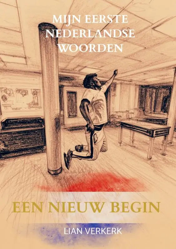 The book cover shows a sepia illustration of a man with the title mijn eerste nederlandse woorden for language learning