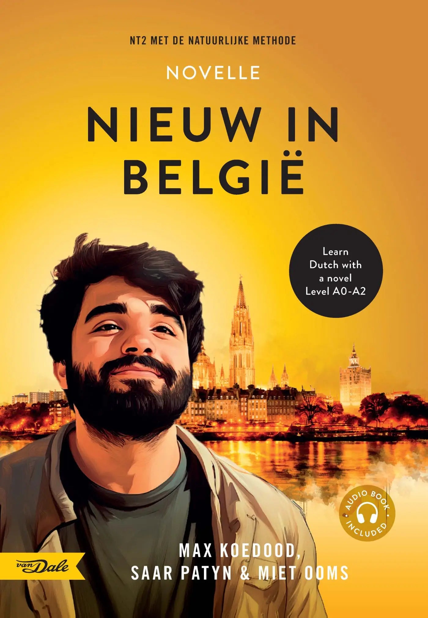Gele omslag van novelle nieuw in belgië met een man en stadsgezicht leer nederlands met een novel en natuurlijke methode
