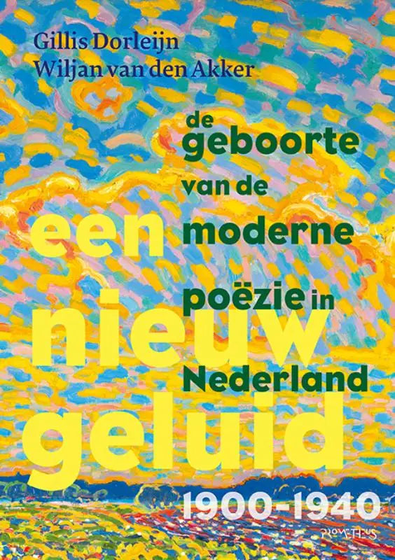 Vibrante impressionistische boekcover met gele en blauwe penseelstreken en groene tekst over moderne poëzie in nederland