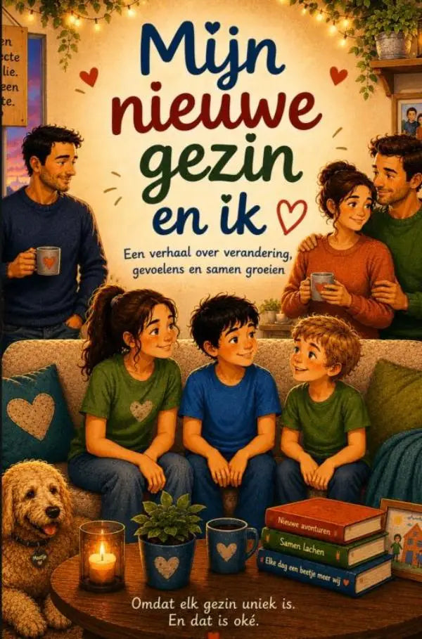 De boekcover van mijn nieuwe gezin en ik toont de titel in kleurrijke letters met hartaccenten voor jonge lezers