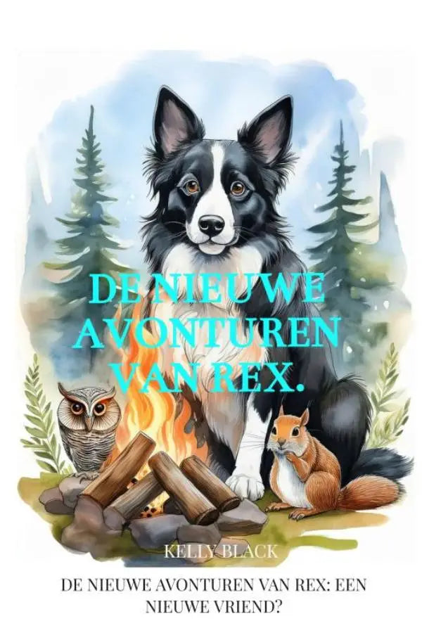 Illustratie van border collie rex met expressieve ogen naast kampvuur in de nieuwe avonturen van rex een nieuwe vriend
