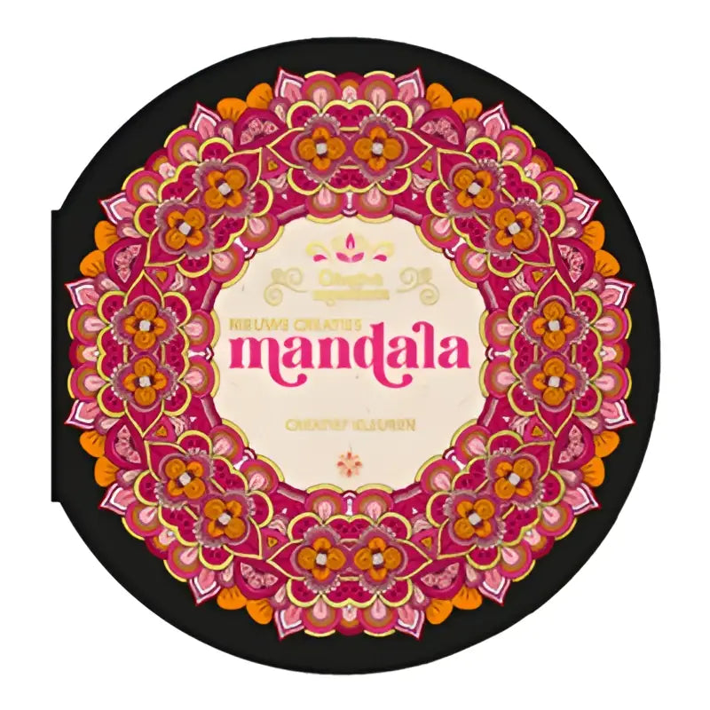Een ronde, zwart omlijnde make-up palette met mandala thema en roze-oranje bloemenpatroon van nieuwe creaties mandala