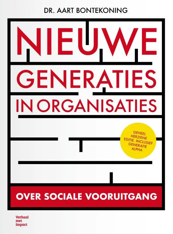 De boekcover van nieuwe generaties in organisaties toont rode en zwarte tekst op een witte achtergrond over sociale vooruitgang