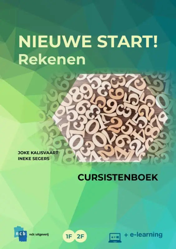 De cover van het nieuwe start rekenen boek toont lichtbeige houten cijfers in een groene geometrische achtergrond