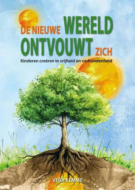 De nieuwe wereld ontvouwt boek met aquarelillustratie van groene boom en twee oranje zonnen in de lucht