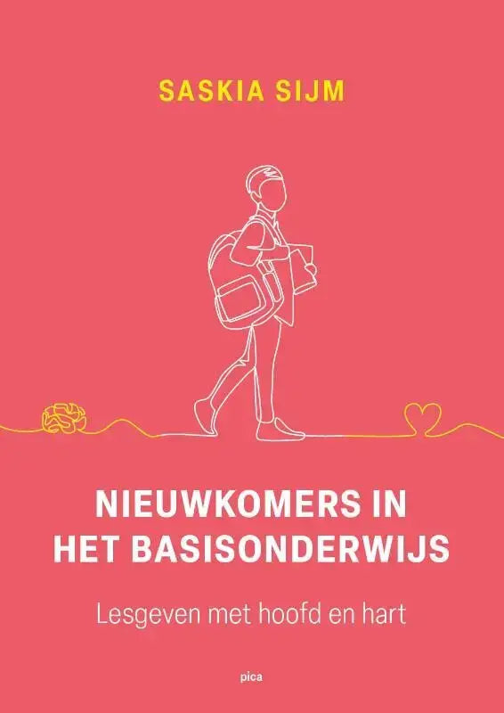 Een minimalistische lijntekening van een kind met rugzak en boeken voor het boek nieuwkomers in het basisonderwijs met concrete adviezen traumasensitief handelen
