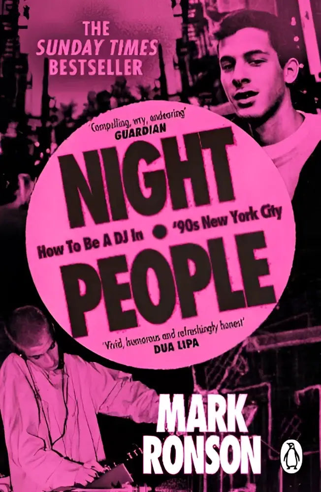 Pink circular book cover for night people by mark ronson featuring a stylized cityscape in matching pink tones