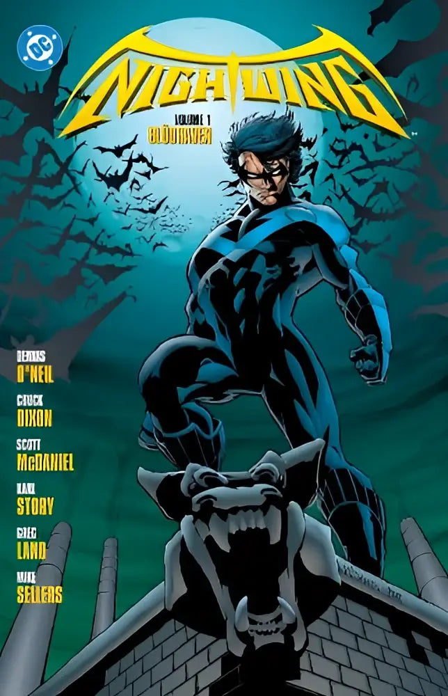 Blauw-zwart gewapend superheldenpak met gestileerd geel logo op de borst uit nightwing vol 1 bludhaven 2025 editie