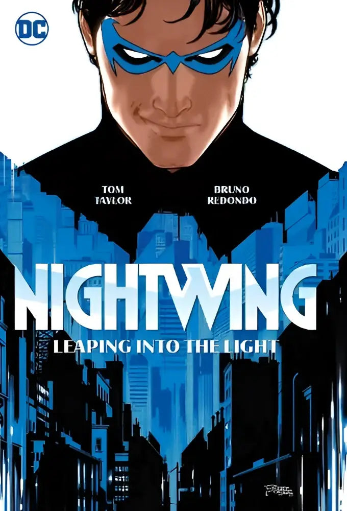 Blue mask-wearing nightwing superhero in black suit with bold blue cityscape leaping into the light design