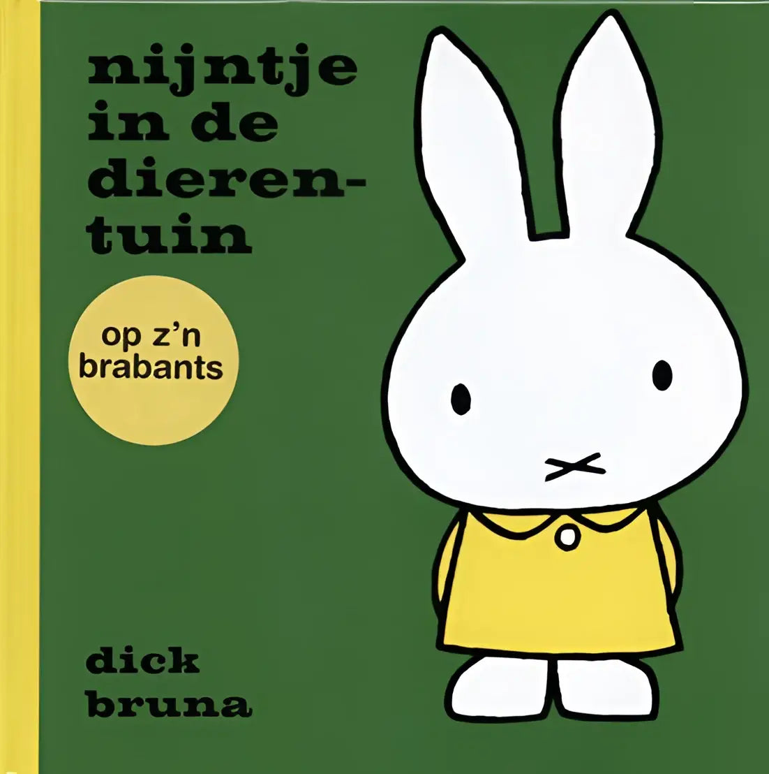 Een witte miffy konijn in een gele jurk met kraag en knoop voor jonge lezers in z’n brabants