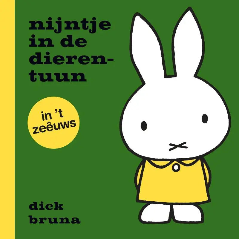 Illustratie van nijntje in een gele jurk met kraag en knoop voor jonge lezers in de dierentuin in t zeêuws