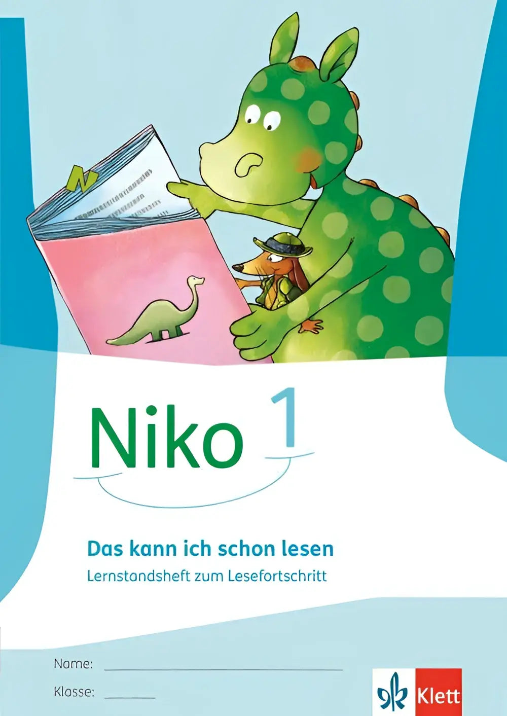 Groene dinosaurus met stippen houdt roze boek met klein dier op omslag voor lernstandsheft zur fibel zum nachkauf